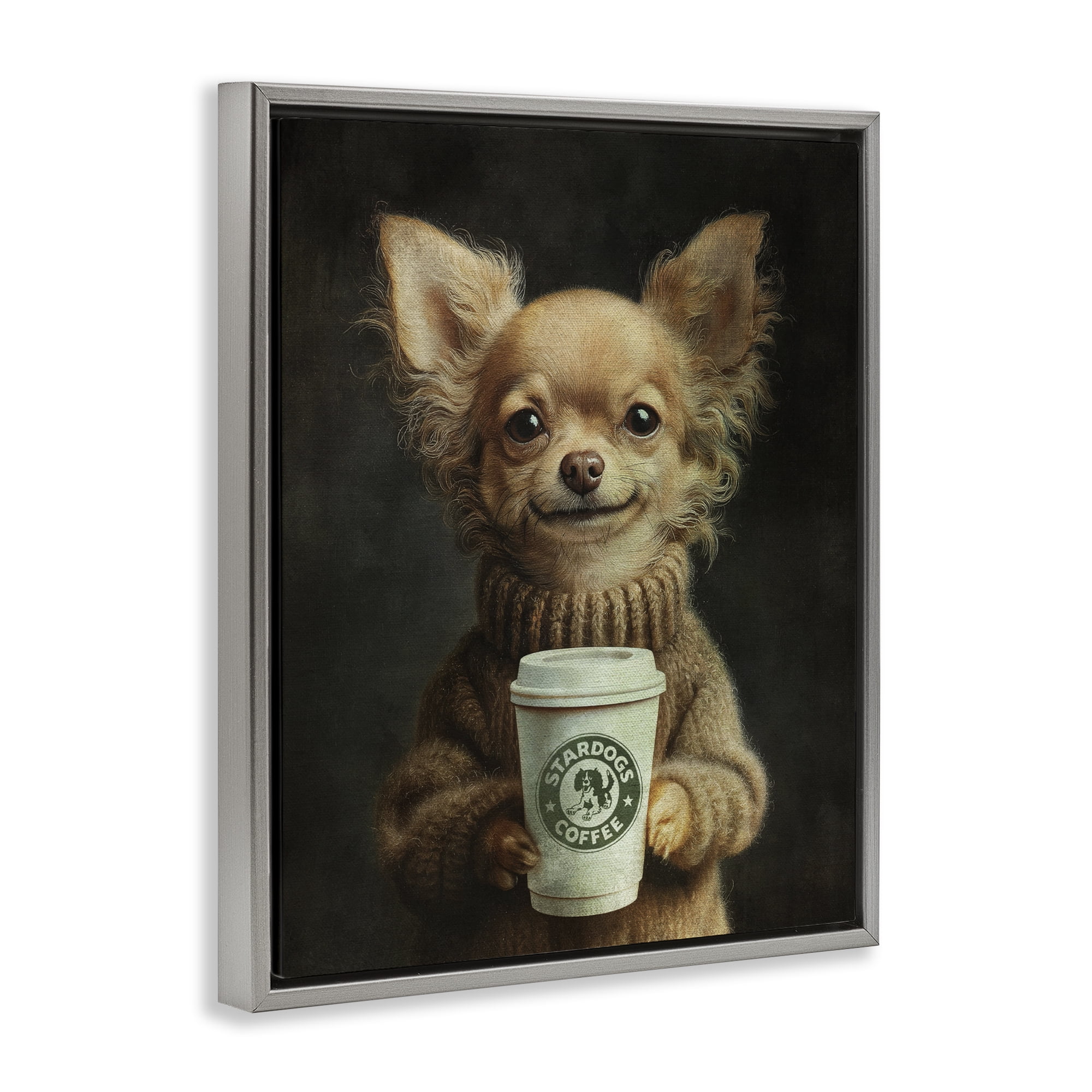 Stupell Industries Espresso Pup in Cozy Sweater Gray Framed Floater Canvas Wall Art, design by Svetlana Aleynikova