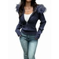 thumbnail image 3 of Women'S Zip Up Cardigan Sweater Cable Faux Fur Hoodies Long Sleeve Jacket Knit Outfits Y2K Navy Blue M, 3 of 9