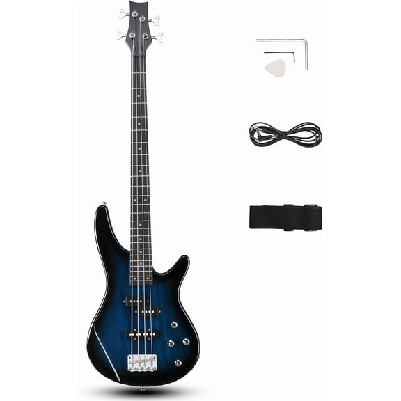FASCK 4 String Electric Bass Guitar, Full Size Bass Guitar Kit(Lake Blue)