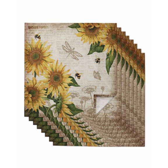 Sunflowers Cloth Napkins Set of 8 Reusable Dinner Napkins, Vintage Yellow Floral Farm Butterfly Cocktail Napkin Washable Table Napkins for Wedding/Holiday Party/Baby Shower 20"x20"
