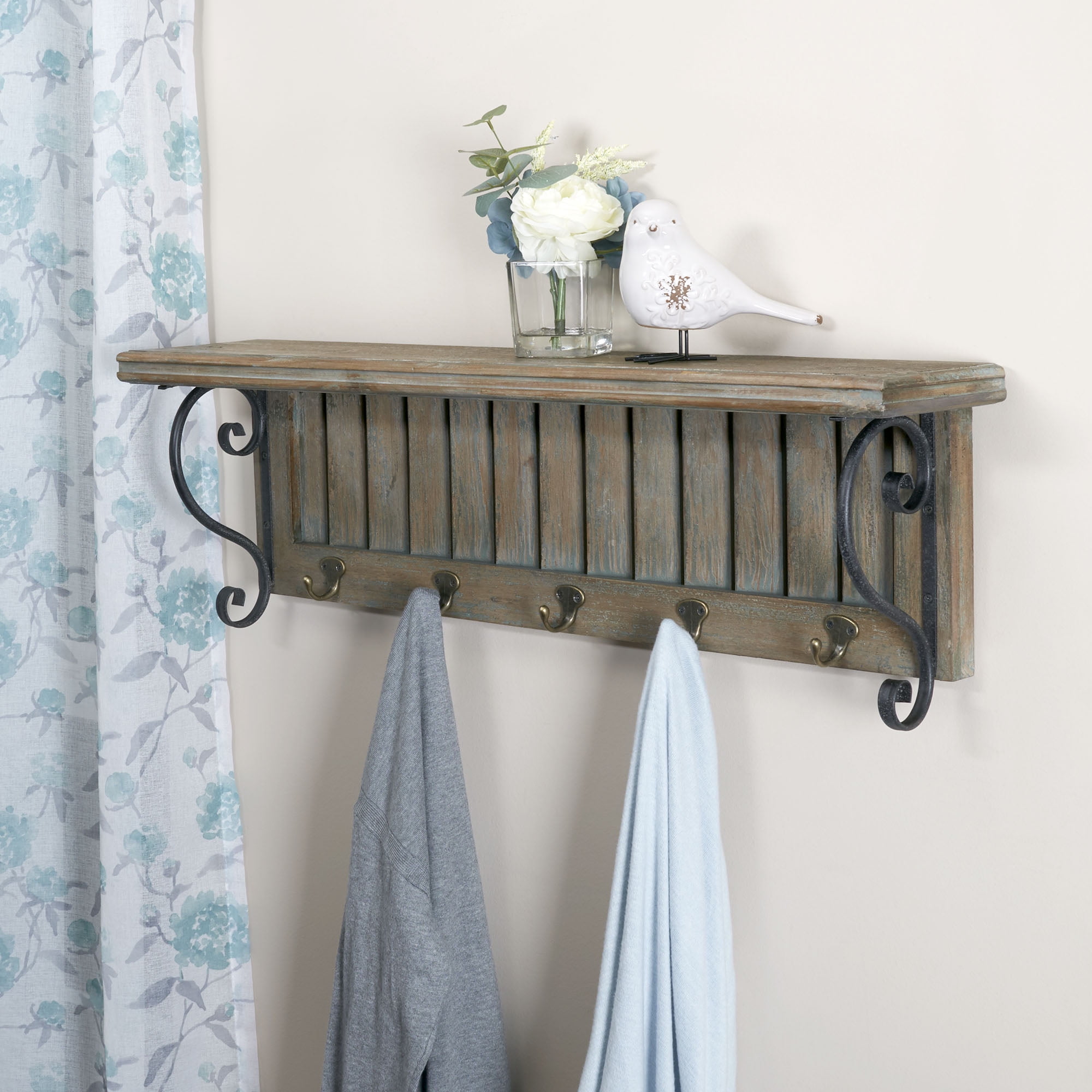 HOUSEHOLD ESSENTIALS Shutter Wall Hook Shelf, Wood and Metal Walmart