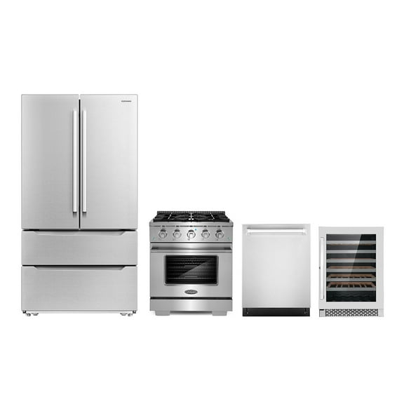 Cosmo 4 Piece Kitchen Appliance Package with 30" Freestanding Gas Range 24" Built-in Integrated Dishwasher French Door Refrigerator & 48 Bottle Freestanding Wine Refrigerator Kitchen Appliance Bundles