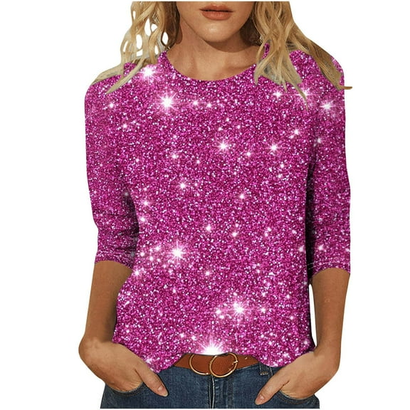 Nfurl Women's Sparkly Sequin Shirts Glitter 3/4 Sleeve Crewneck Pullover Tops Party Wear Trendy Ladies Evening Holiday Club Clothing Hot Pink XXXL