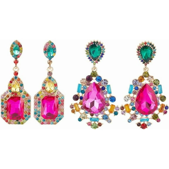 Colorful 2 Pairs Rhinestone Statement Drop Dangle Earrings Rectangle Teardrop Rhinestone Dangling Chandelier Earrings Pink Green Vintage Dangling Earrings Wedding Earrings for Women