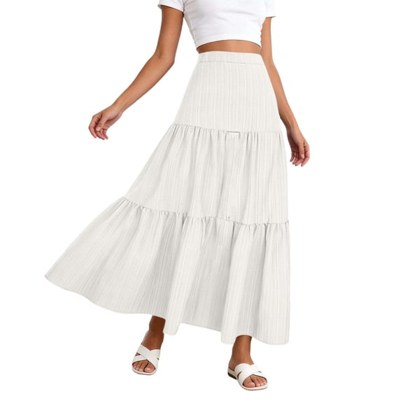 Arlun Women's Summer Casual Elegant Smock Layered Tiered Maxi Skirts High Waisted a Line Flowy Long Skirts Lightweight Breathable Comfy Boho Beach Long Skirt White XL