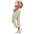 thumbnail image 2 of ZQUUVOU Women's Cargo Pants Solid Straight Leg Cropped Elastic Waist Casual Ankle Length Outdoor Pants with Pockets Beige, 2 of 6
