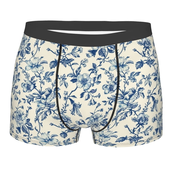 Salouo Vintage Blue Floral Print Men's Boxer Briefs,Breathable Underwear Elastic Waistband Briefs for Men -Large