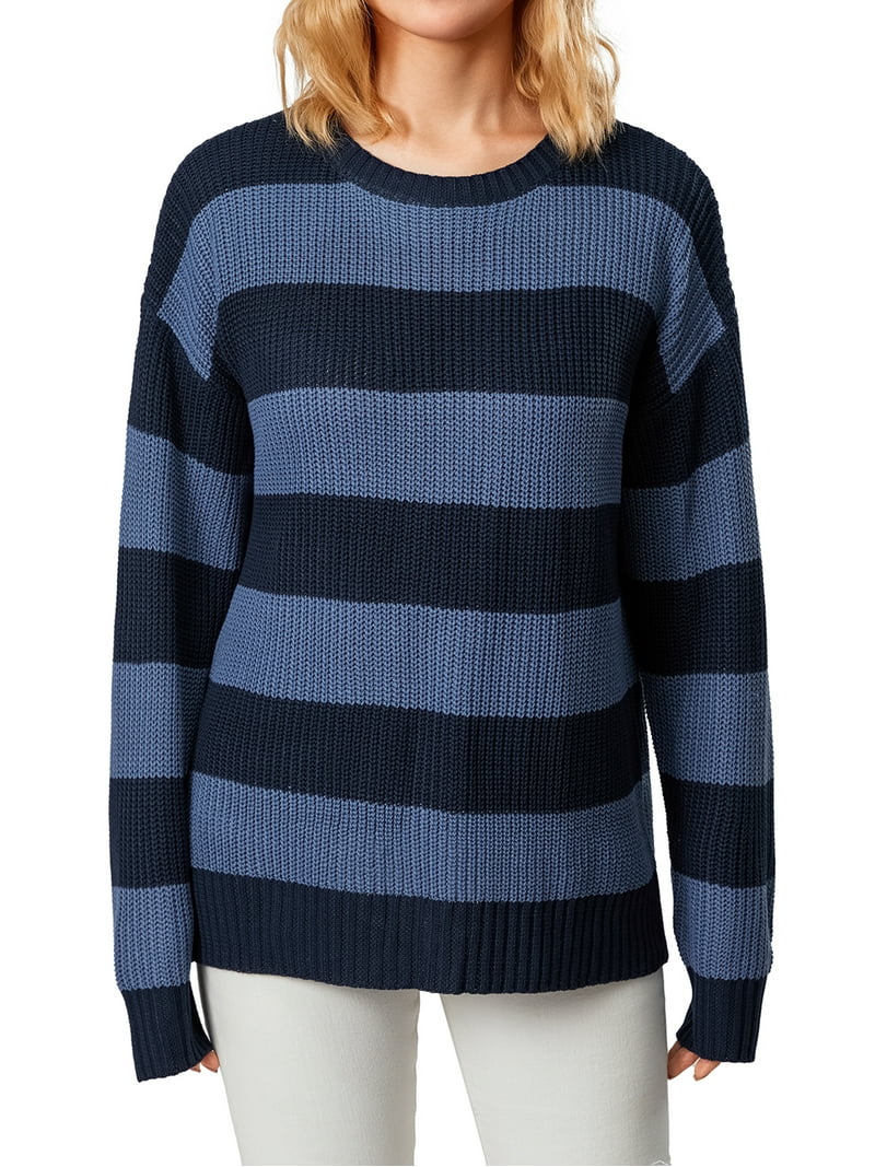 Women Plus Size Knitted Sweater Casual Contrast Color Stripe Round Neck Loose Long Sleeve Pullovers Autumn Winter Tops Streetwear