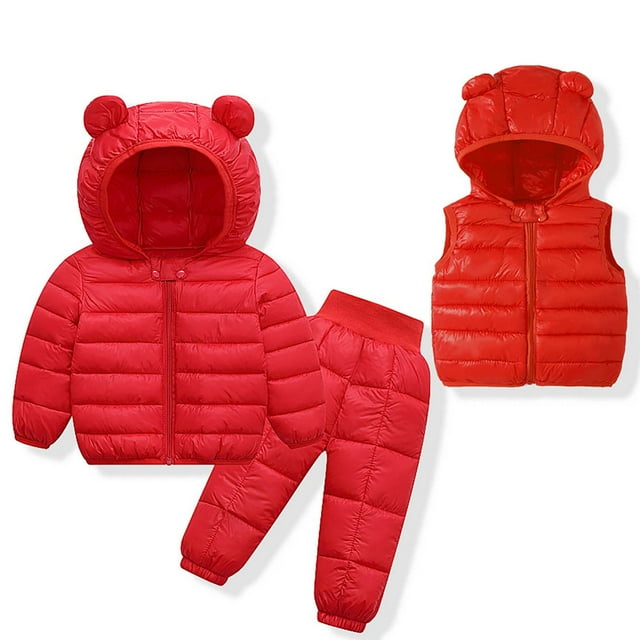 JMYHOAM Garçons Filles Mignon Ensemble de Combinaison de Neige Automne et Hiver Ensemble Trois Pièces Veste Légère Ensemble à Manches Longues à Capuche 2-3 Ans, Rouge
