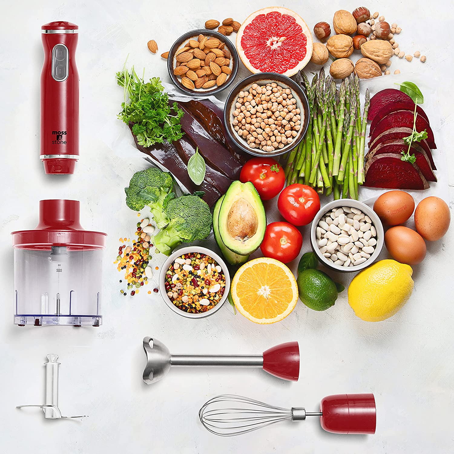 Moss & Stone Electric Smart Stick Hand Blender Set with Egg Whisk & Chopper, Ergonomic Handle (Red)