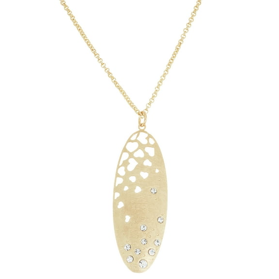 X & O 14KT Gold Plated Scratched 15mm x 45mm Oval Shape with Crystal and Stamped Heart Pattern Pendant Necklace