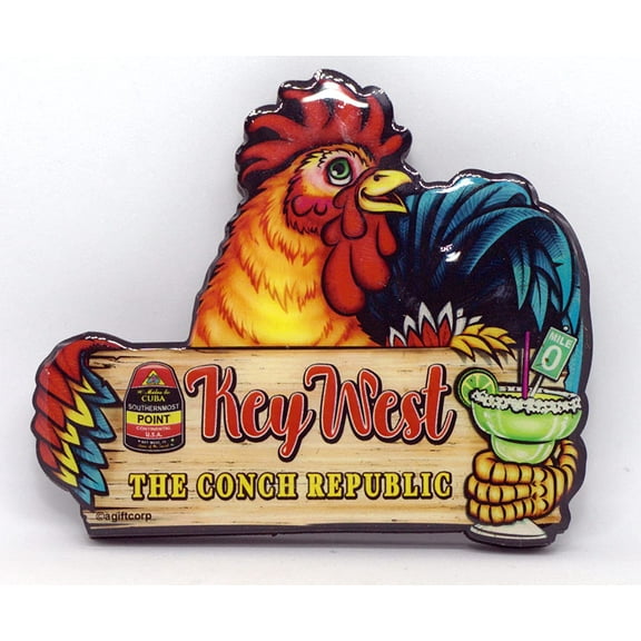 Key West Florida Rooster Sign MDF Magnet 3" x 3.5"