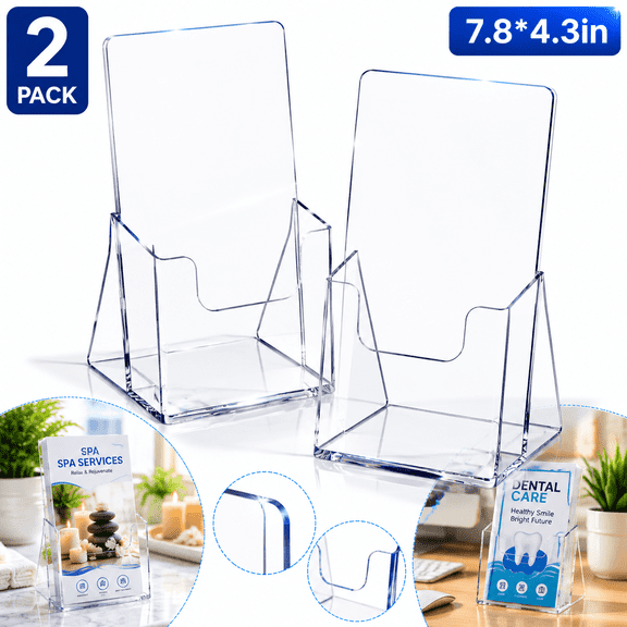 Acrylic Brochure Holder 4 Inch, Clear Plastic Countertop Literature Holders, Trifold Flyer Display Stand for Pamphlets, Booklets, Magazines, Menus, Multi Purpose Organizer For Office, 2 Pack