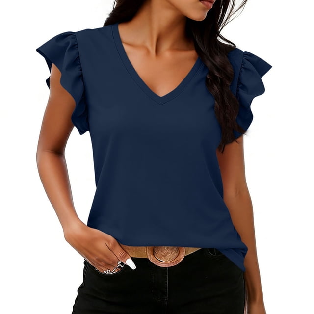 Craaazy Women's Fashion Solid Color V-Neck Ruffle Sleeve Blouse for Everyday Wear Weekend Brunch and Summer Outings