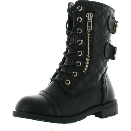LInk Mango79K Childrens Girls Mid Calf Quilted Back Buckle Lace Up Combat Boots