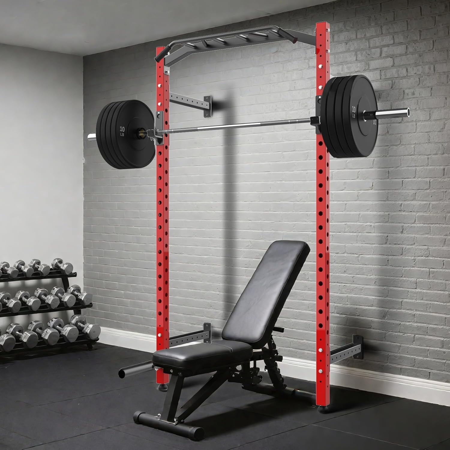 Commercial Wall Mounted Squat Rack, Heavy Duty Carbon Steel Home Gym Equipment with Multi-Grip Pull Up Bar, j-Cups & Landmine Attachment for Home and Garage Gym, Black/Red