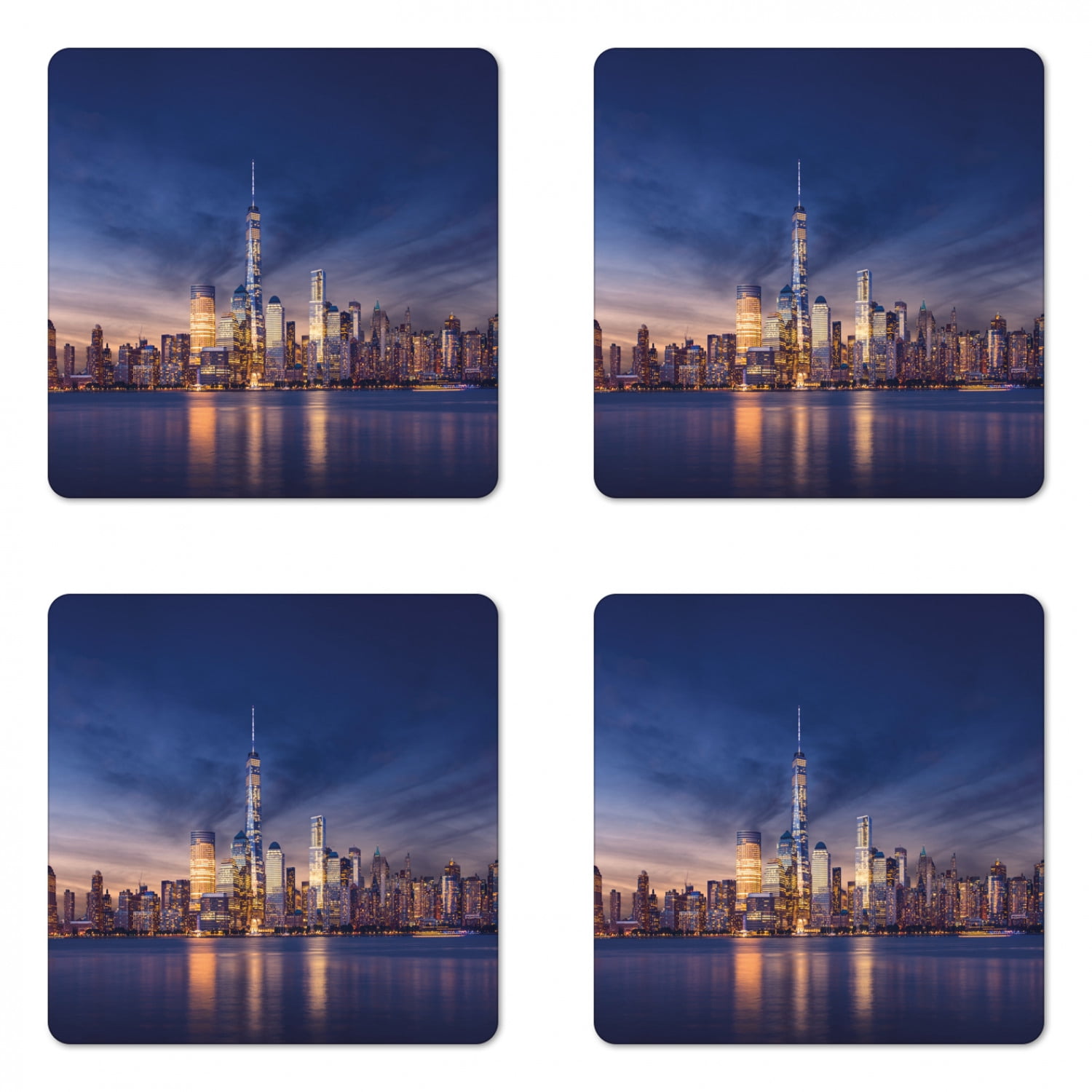 City Coaster Set of 4, New York Skyline Manhattan After Sunset Metropolis Downtown Urban