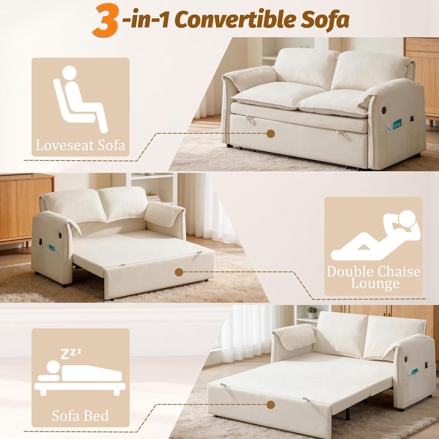 63" Velvet Pull Out Couch, 3-in-1 Convertible Sleeper Sofa Bed with Adjustable Backrest, USB Charging Ports, Side Pockets, Modern Loveseat for Living Room, Bedroom, Apartment, Beige