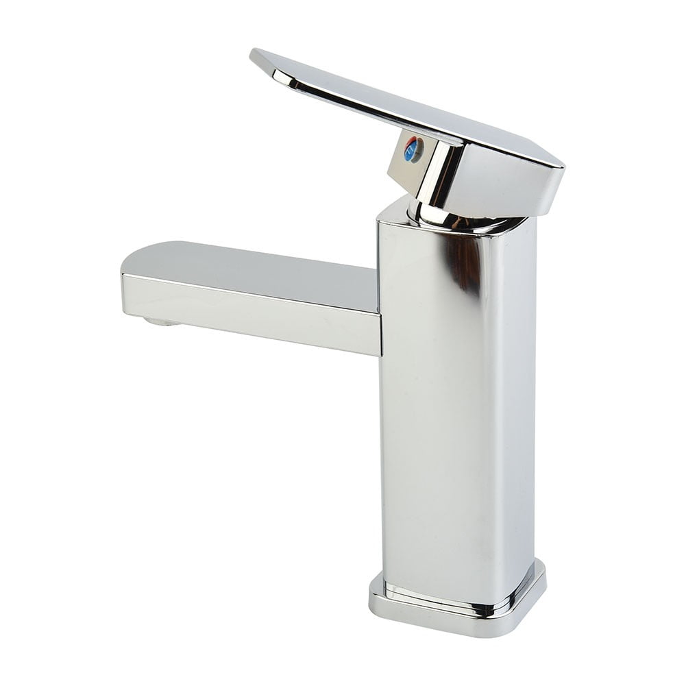 Modern Square Bathroom Basin Faucet Single Handle Mixer Tap Stainless Steel Sink Faucet with Waterfall Spout Hot and Cold Water Control Silver 170mm