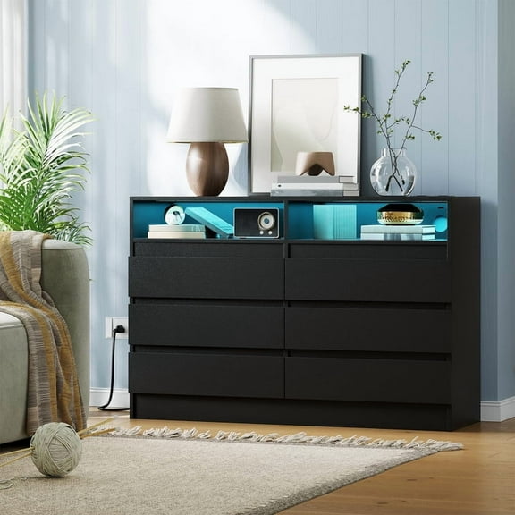 Towallmark 6 Drawer Dresser with Charging Station and LED Lights, Modern Chest of Drawers with Power Outlet, Organizer Cabinet for Bedroom, Living Room, Entryway, Black