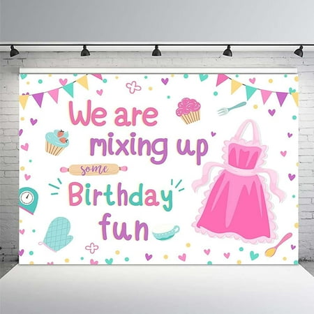 Image of 7x5ft Baking Cooking Girl Birthday Backdrop We are Mixing Up Some Birthday Fun Pink Cake Kitchen Party Table Banner Decor Photography Props Background Photocall Supplies