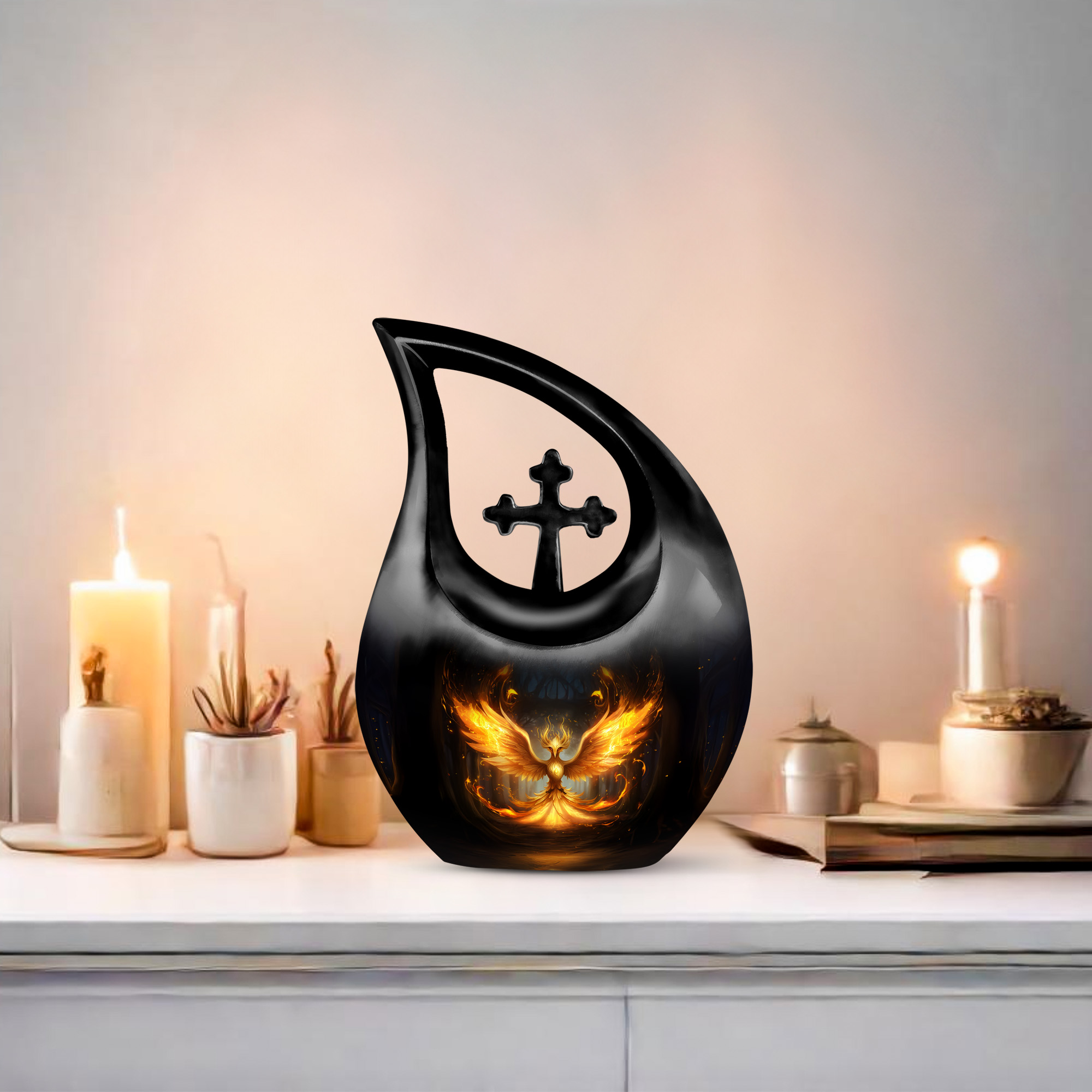 MUKTIVE Phoenix Design Urn for Ashes, Tear Drop Urns for Human Ashes, Cremation Urns for Women, Memorial Black Urn for Teenager (1 Large, 4 Keepsake)