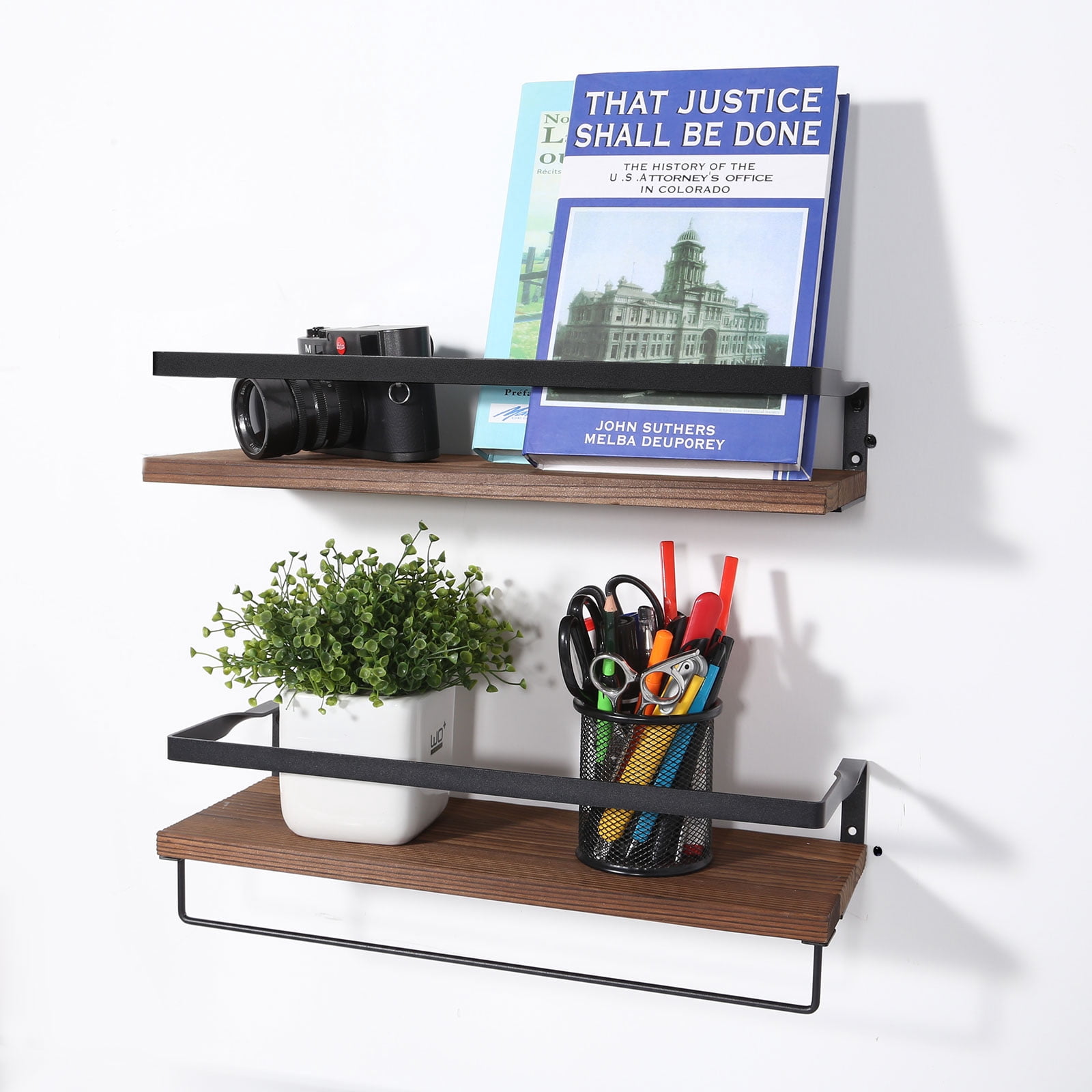 Uten Wall Mounted Floating Shelves Set of 2, Solid Wood Storage Shelves on Metal Frame and Towel Bar for Bathroom, Kitchen, Bedroom, Decorative & Space Saving