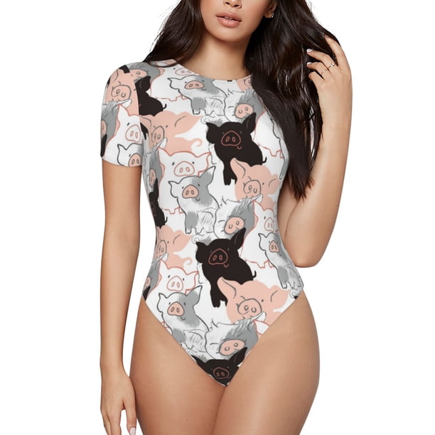 Fotbe Pigs Body de Mujer con Cuello Redondo y Mangas Cortas, Sin Mangas Ajustado, Suave, Cómodo y Básico-X-Large