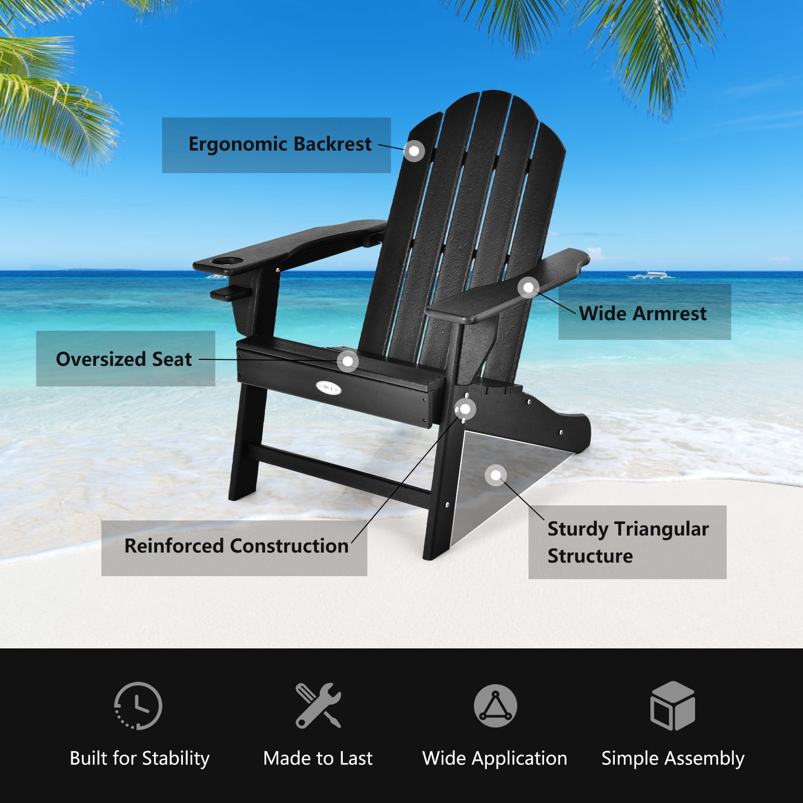 Patiojoy Adirondack Chair Outdoor with Cup Holde Weather Resistant Lounger Chair for Backyard Garden Patio and Deck Black
