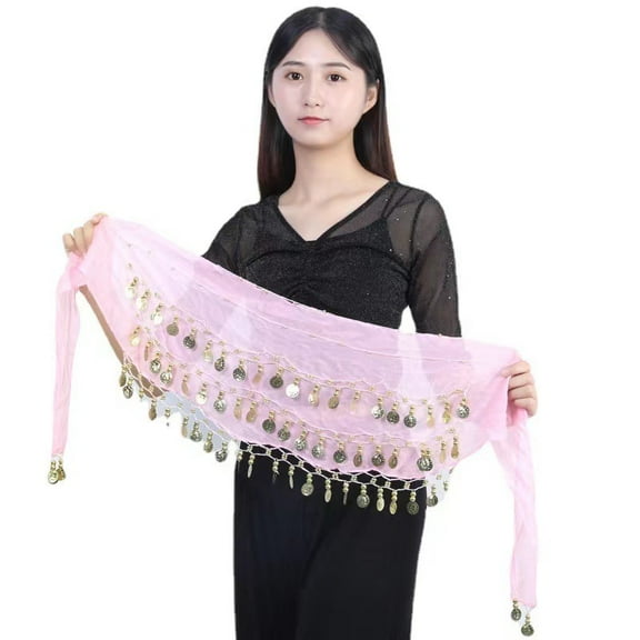 72 Coin Sequins Gauze Belly Dance Waist Belt Golden Pearl Pink 1400~1600mm