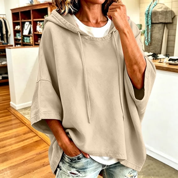 HongQid Womens Hoodie Drawstring Hood Short Batwing Sleeve Cropped Oversized Spring Fall Long Sleeve Ladies Trendy Casual Outfit Clothing Pullover Sweatshirt