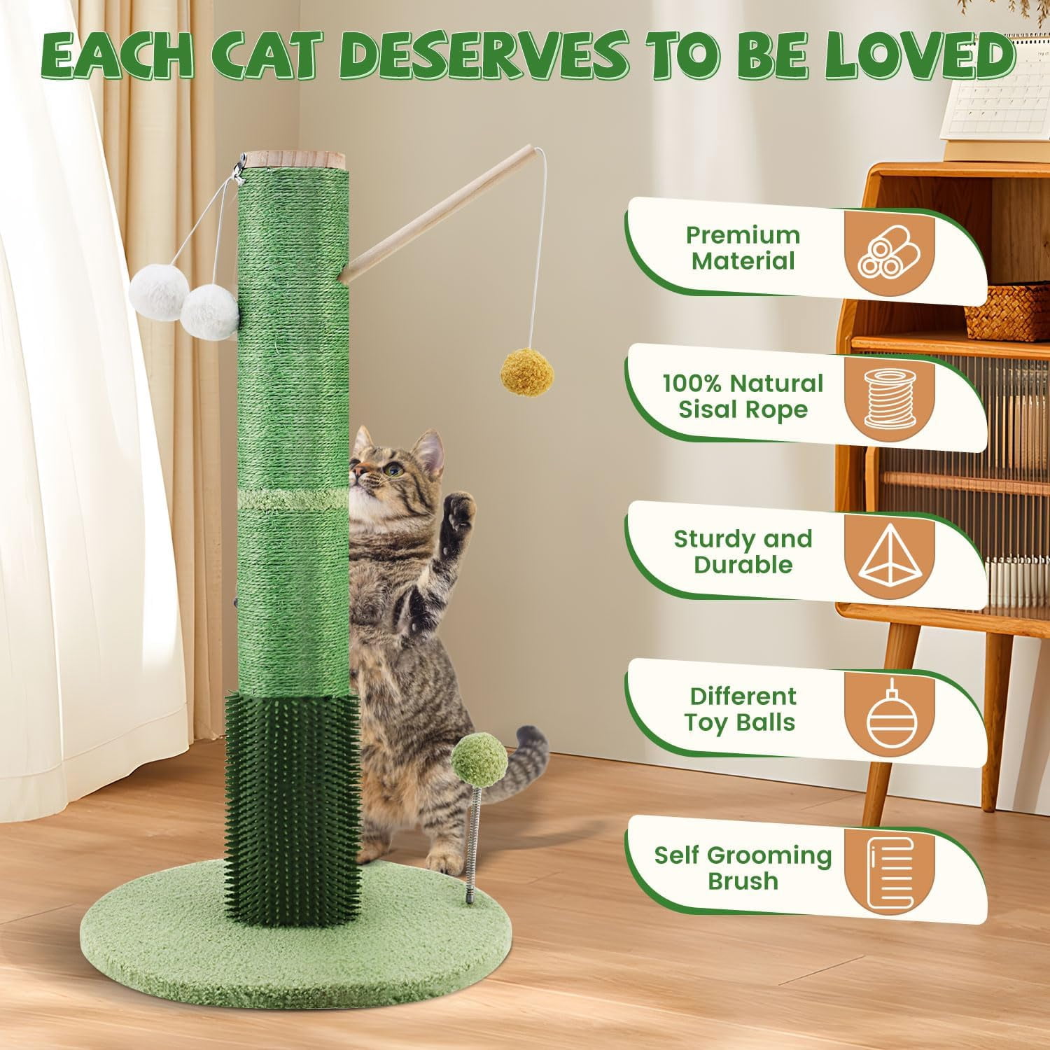 30" Tall Cat Scratching Post with Self Groomer Cat Brush, Sisal Scratch Posts with Removable Cat Teaser, Kitten Claw Scratch 4 Dangling Toy Balls, Cat Scratcher Post for Indoor Cats and Kittens