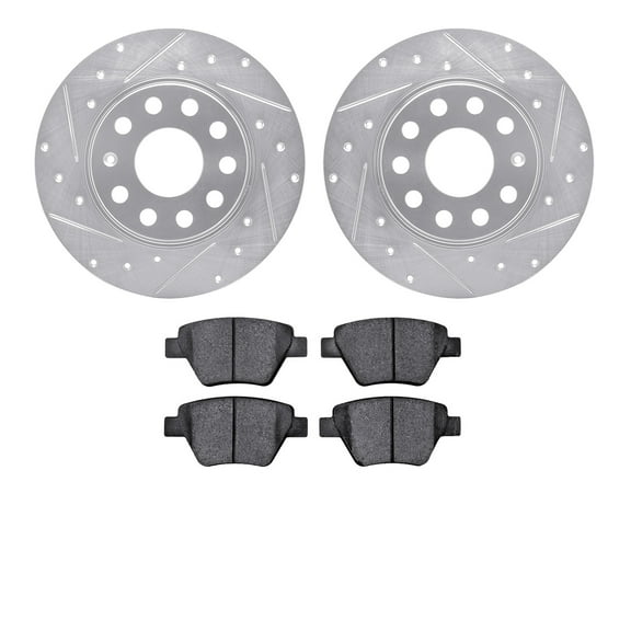 Dynamic Friction Company Rear Brake Rotors-Drilled and Slotted-Silver with 5000 Advanced Brake Pads 7502-74060