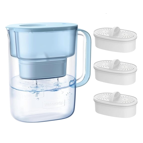 Waterdrop Water Filter Pitcher with 3 Filters, 200-Gallon Long-Life, 10-Cup Large Water Filter Pitcher, NSF Certified, Reduces PFOA/PFOS, Chlorine, Blue