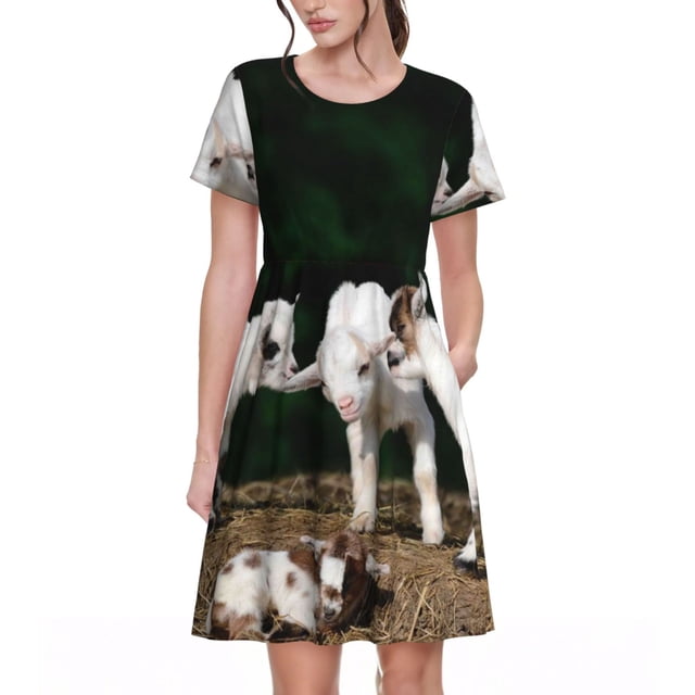 Fotbe Cute Goat Baby Vestido Largo de Moda para Mujer, Vestido Tipo Camiseta con Manga Corta y Estilo Casual a Rayas y Bloques de Color