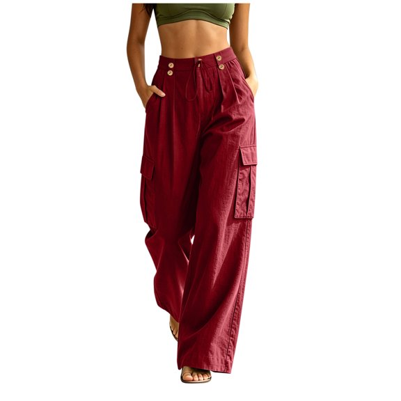 RFQWOVSR Women's Elastic Waist Straight Leg Linen Pants with Pockets Loose Fit Casual Summer Trousers XXL