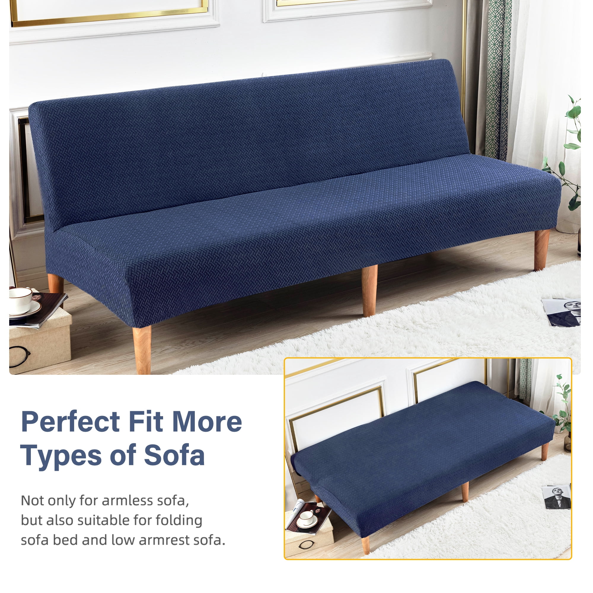 100% Waterproof Futon Cover, Leakproof Armless Sofa Slipcover, Stretch Jacquard Sofa Bed Cover Full Folding, Couch Furniture Protector for Kids, Pets, Dog and Cat (Medium, Navy)