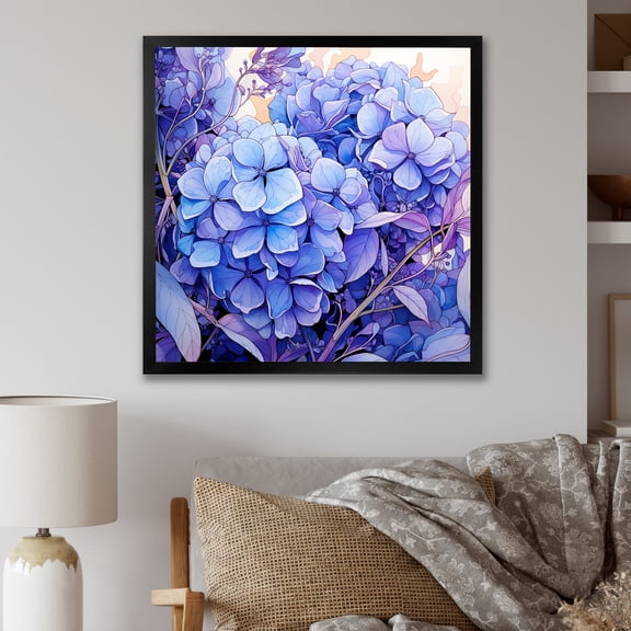 Designart "Harmony of Hydrangea Flowers in Purple I" Floral Framed Wall Art Decor - Traditional Purple Hydrangea Hallway Framed Wall Art Decor