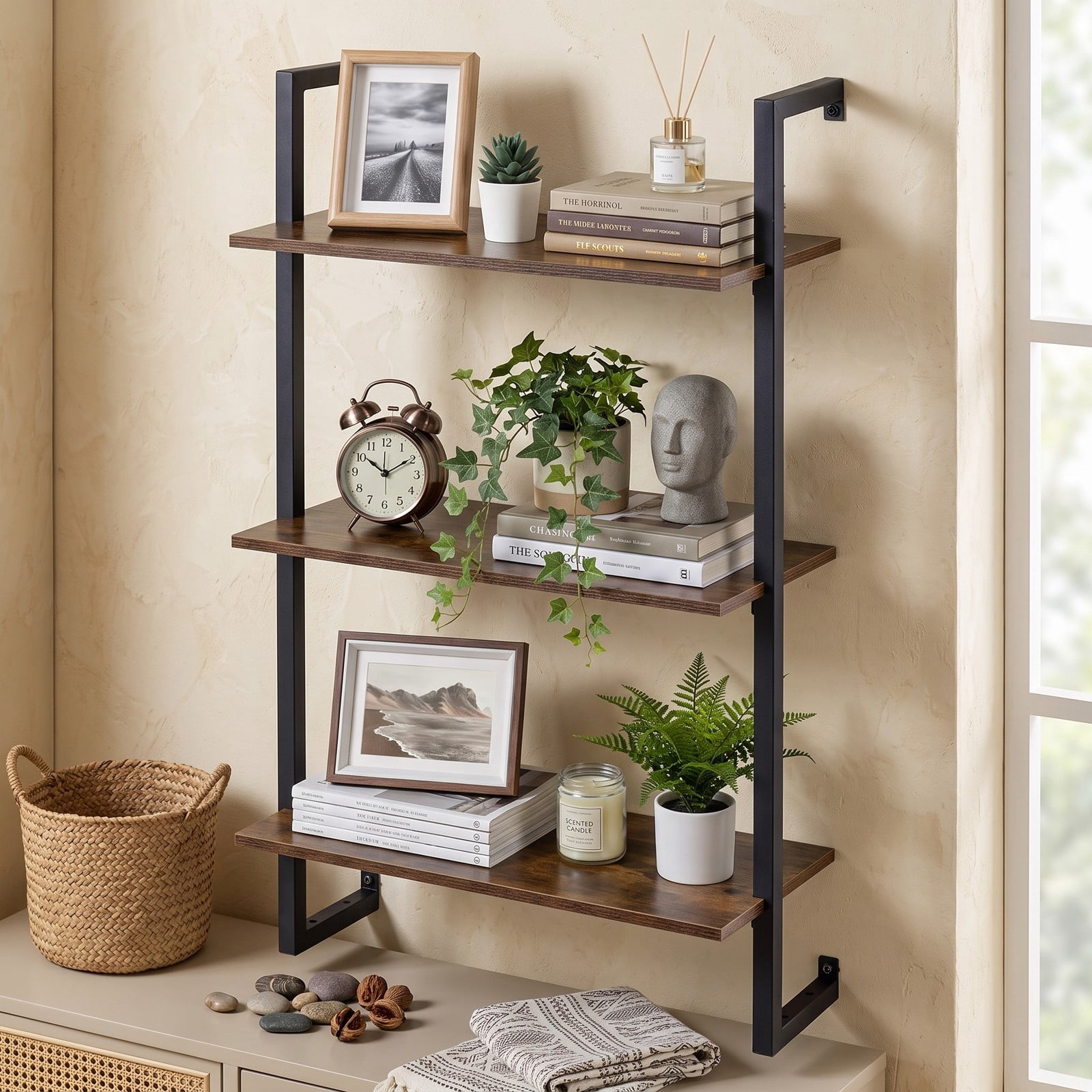 Furnibear 3-Tier Floating Wall Shelf, Modern Wood Bookcase Wall-Mounted Storage Rack for Living Room Bedroom Kitchen Home Office Bathroom, Rustic Brown and Black