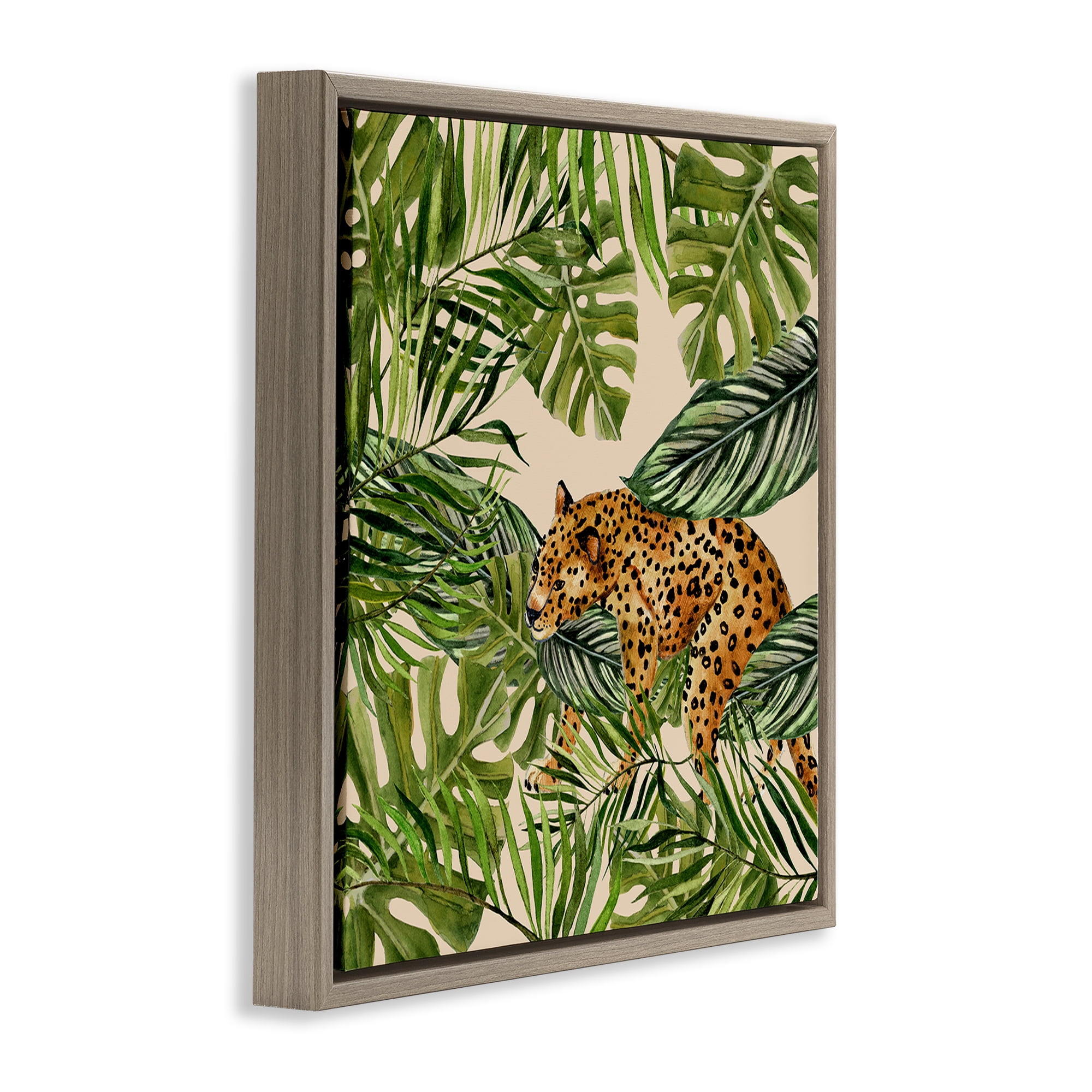 Stupell Industries Botanical Leopard on Branch Plants & Flowers Painting Brown Floater Framed Canvas Art Print Wall Art, 18 x 18