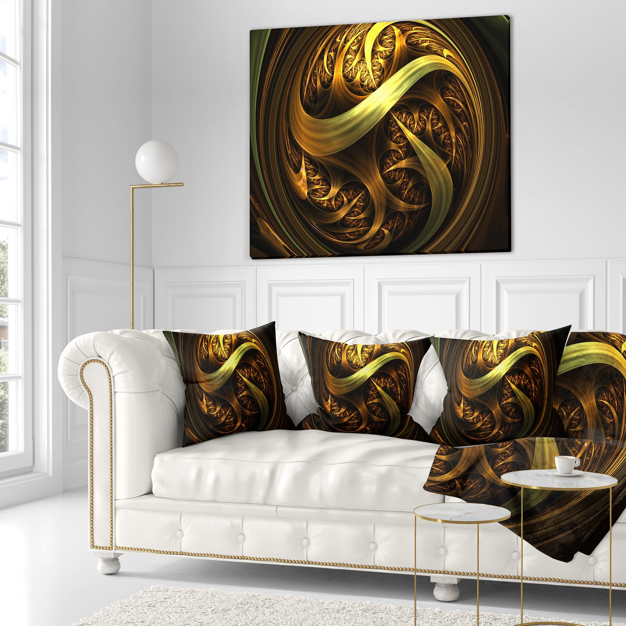 Designart Golden Fractal Sphere in Dark - Abstract Throw Pillow - 16x16