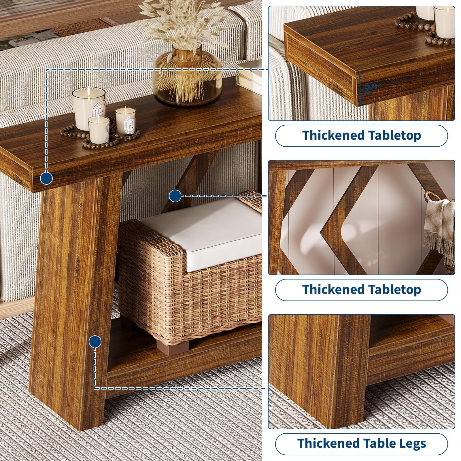 70.9 Inch Extra Long Console Table, 2-Tier All-Wood Sofa Table with Sturdy Trapezoid Legs, Entryway & Hallway Table for Living Room, Foyer