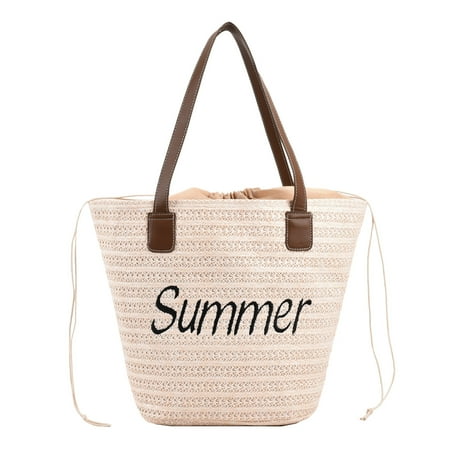 Ladies Shoulder Bag Solid Colour Large Capacity Tote Bag Drawstring Straw Simple Casual Bag
