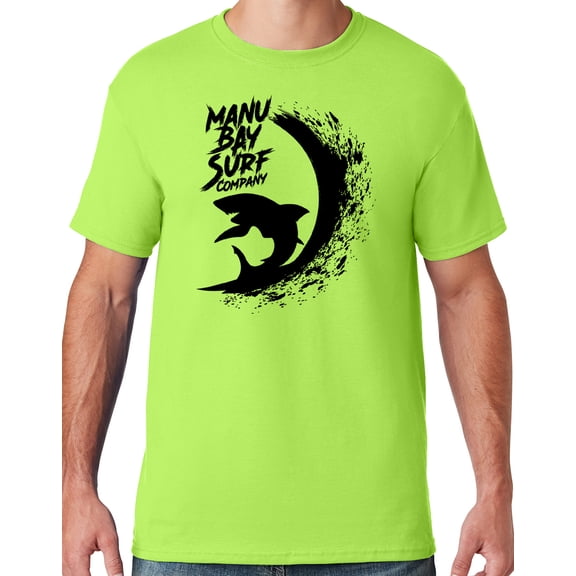 Mens Manu Bay Surf Company BLACK SURFING SHARK T-shirt, 2XL Neon Green