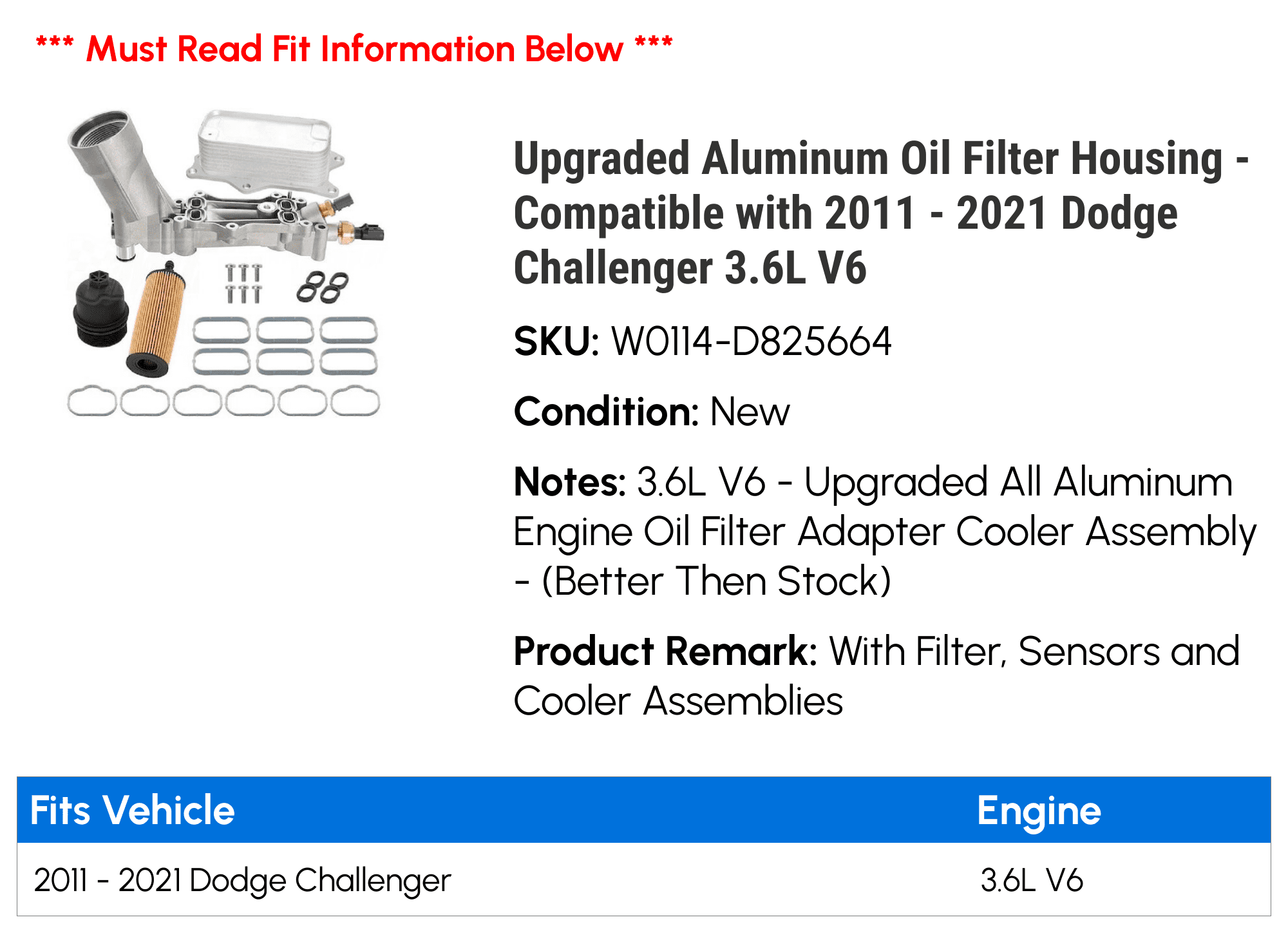 Upgraded Aluminum Oil Filter Housing - Compatible with 2011 - 2021 Dodge Challenger 3.6L V6 2012 2013 2014 2015 2016 2017 2018 2019 2020
