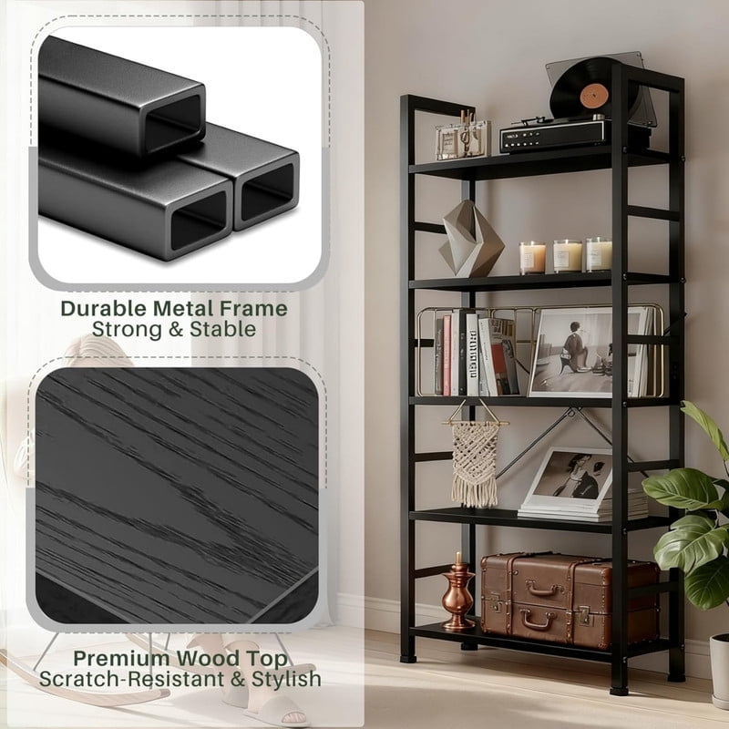 Kelno 5-Tier Bookshelf 62"x24" Industrial Storage Shelf Free Standing Bookcase Metal Frame Bookcase with Open Storage Shelves,Black