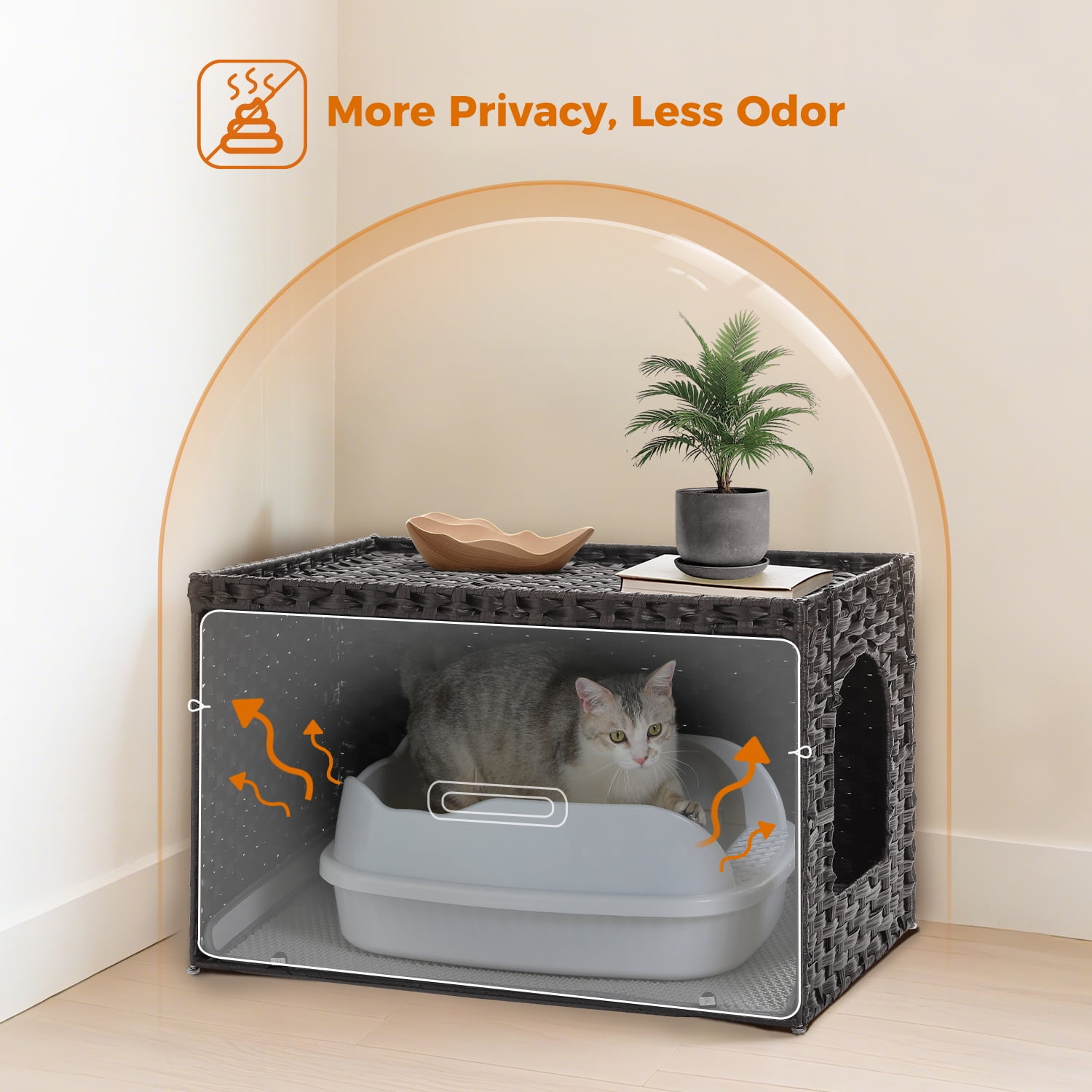 PEQULTI Rattan Cat Litter Box Enclosure Pet House with Taller Doorway for Large Cats Indoor Black