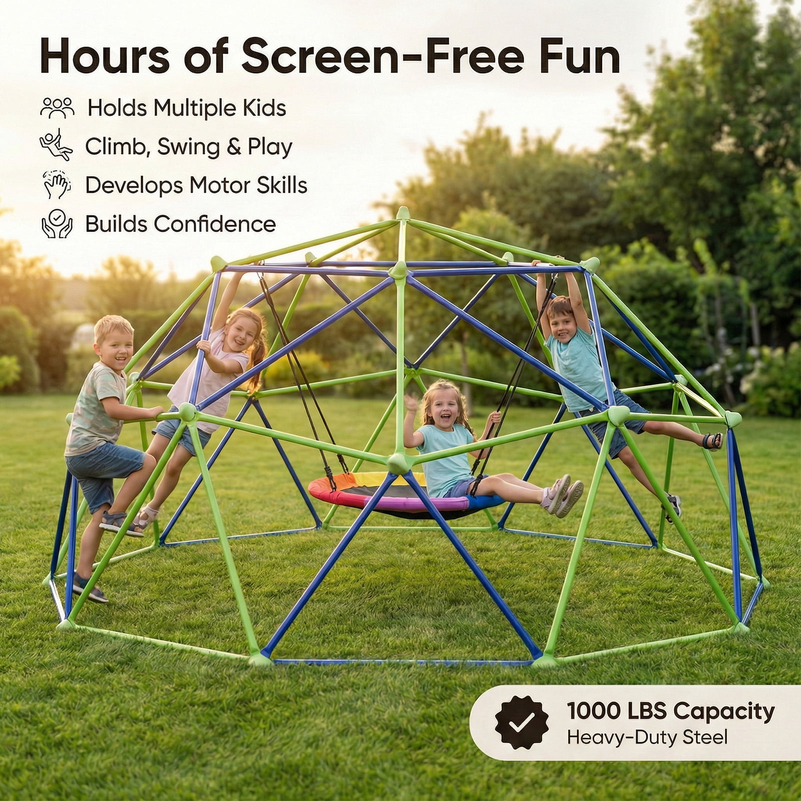 TABU 10FT Climbing Dome with Swing Set, Outdoor Jungle Gym for Kids, Supports up to 1000lbs, Rust-Resistant, Easy Asssembly