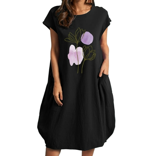 Vestido estampado de cuello redondo de manga corta de color sólido para mujer con bolsillos Vestido a media pierna Pompotops ghjkhdj13252