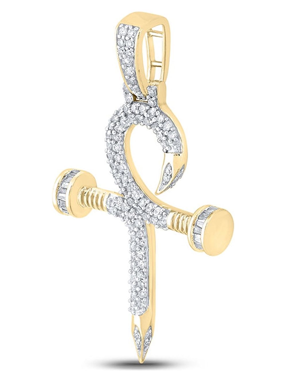 Macey Worldwide Jewelry 10k Yellow Gold Mens Baguette Diamond Nail Cross Ankh Charm Pendant 3/4 Ctw
